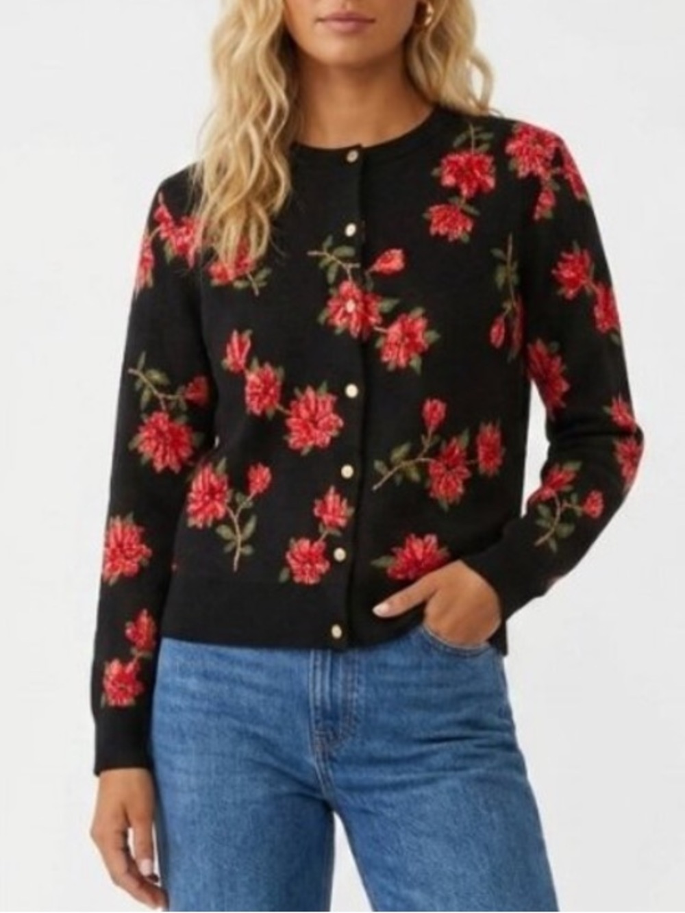 Draper James Black floral Poinsettia Cardigan Sweater Size Large 54950